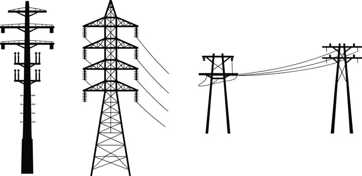 Silhouettes of various electricity transmission towers and poles with wires Keywords: electricity, power, transmission, tower, pole, pylon