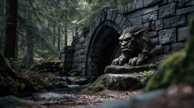 Troll encounter beneath stone bridge in enchanted woods fantasy art outdoor landscape mystical environment gigapixel view