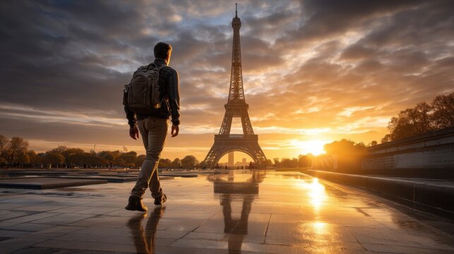 Traveler walking with backpack near eiffel tower at sunset paris travel photography urban landscape scenic view adventure