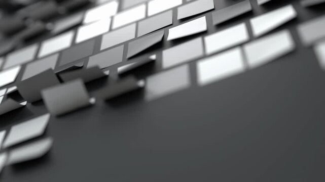 Duotone monochrome black to white sticker notes rendered in 3D feature rectangular shapes with curled edges. The notes sway against a dark gray background, creating a dynamic pattern suitable for