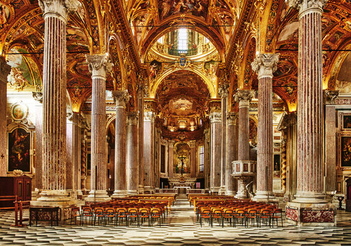 The opulent interior is the Basilica della Santissima Annunziata del Vastato located in Genoa, Italy, Europe