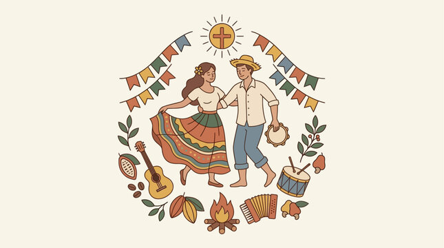 Couple dancing at a rural festival with folk instruments and bonfire
