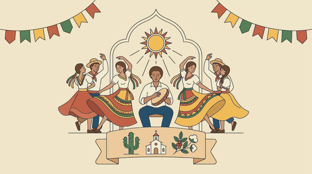 Brazilian folk dancers and musician celebrate under a sun arch with festive banners