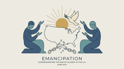 Obraz premium Two figures breaking chains symbolizing emancipation with sunrise and map of United States