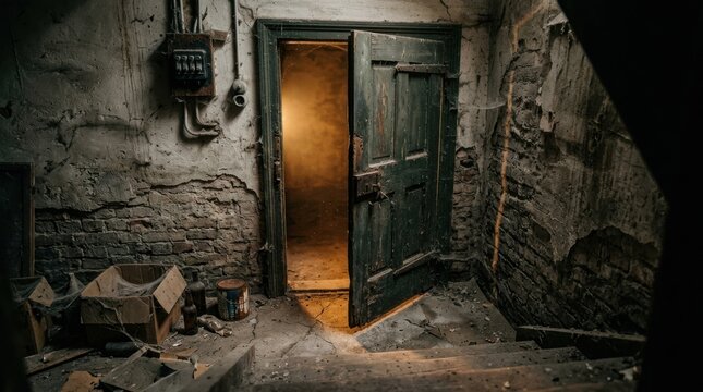 Open heavy metal door in a dark abandoned stone basement room with warm light shining from inside