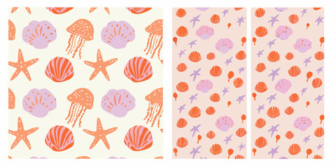 Seashell starfish and jellyfish pattern hand drawn style pastel colors © Tithi