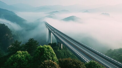 Obraz premium Tall concrete highway viaduct stretches across misty fog covered valley between dense lush green forest mountains with cars driving on road during early morning