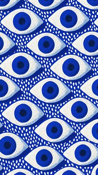 Hand painted seamless repeating pattern of evil eyes on bright blue dotted background perfect for textile and decoration design projects
