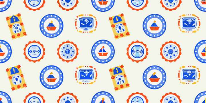 Nautical themed pattern with sailboats life preservers and signal flags