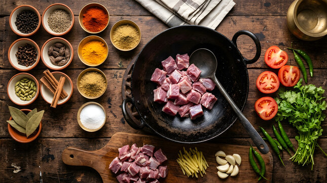 Pakistani mutton karahi cooking concept &mdash; raw mutton with whole spices, tomatoes, ginger and garlic around a black iron wok, rustic kitchen overhead flat lay