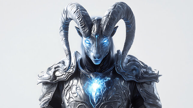 Capricorn deity wearing mountain-etched dark silver armor with goat horn helmet and icy glow on a white background 