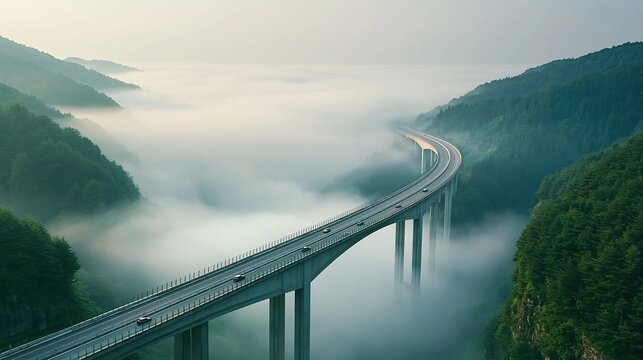 Curved concrete highway viaduct spans across deep fog filled valley between dense green forest covered mountains with cars moving along smooth paved road at dawn