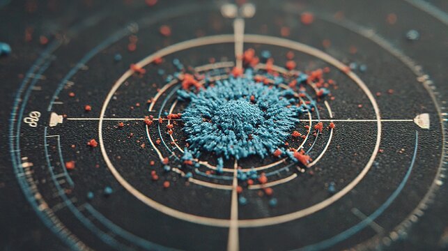 Close-Up Shooting Target: Blue and Red Bullet Impact Residue on Radial Scale with Crosshair for Tactical Training & Precision Marksmanship Practice