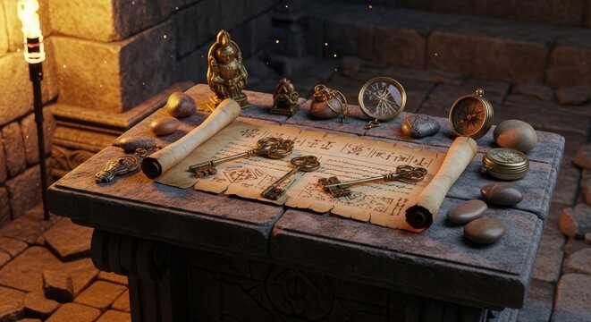 Old treasure map and golden coins on a wooden desk in a dimly lit stone room