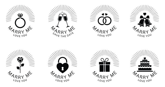 Set of eight black and white wedding featuring engagement ring champagne flutes wedding rings bells rose heart padlock gift box and tiered cake with sunburst rays and marry me text