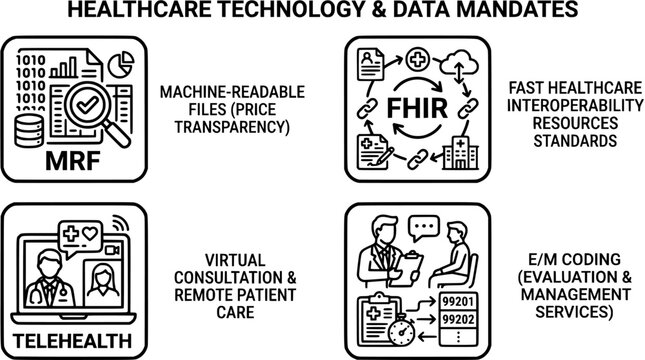 Healthcare Technology & Data Mandates 4 Vector Set MRF FHIR Telehealth E/M Icons vector black