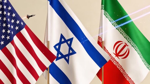 AI Generated. The flags of Israel, USA and IRan, with bombs and missles. Geo Politics