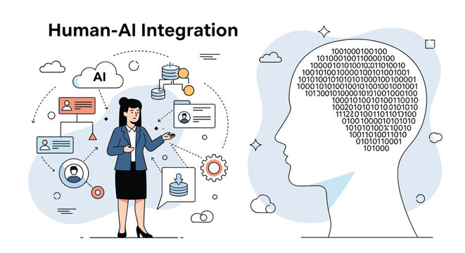 Concept of human and artificial intelligence integration showing a professional woman and a digital brain filled with binary code.