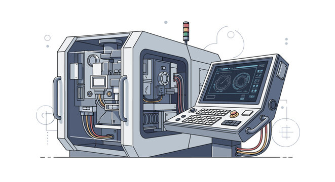 High precision CNC milling machine with an advanced digital control panel and internal mechanical components for parts production.