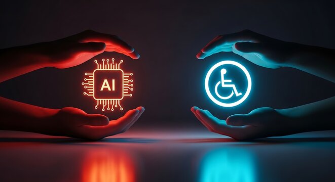 3d rendering of glowing ai and accessibility icons on futuristic spheres