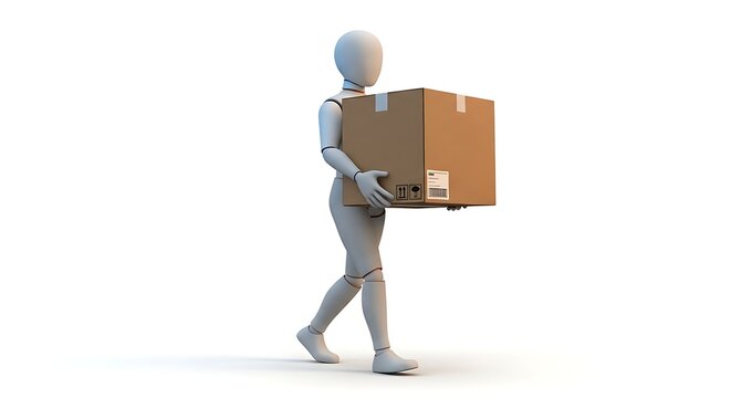 Grey 3D Manikin Carrying Cardboard Delivery Box on White, Symbolizing Shipping & E-commerce Logistics