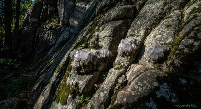 Rough granite rock face with growing quartz crystal formations embedded within the textured stone surface