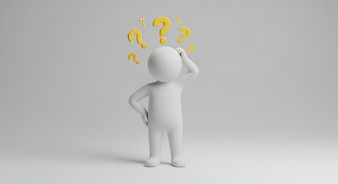 Confused 3D White Character Scratching Head with Yellow Question Marks, Symbolizing Doubt, Thinking, Problem-Solving, and Uncertainty