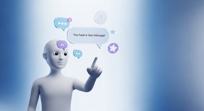 3D AI Assistant Interacting with Digital Messages & Notifications: Chatbot Communication Concept