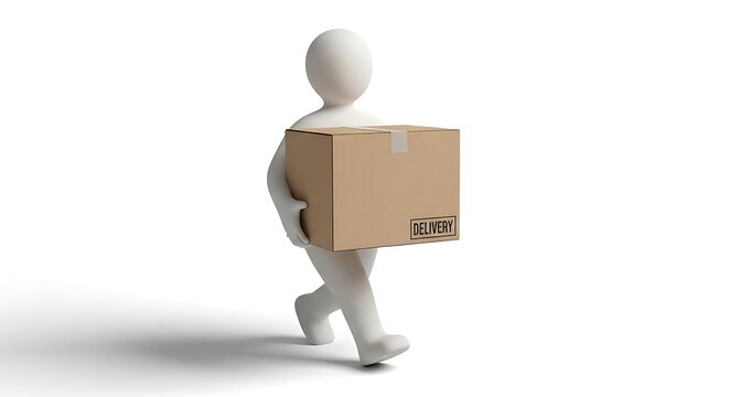 3D White Figure Walking with Cardboard Delivery Box: Shipping, Moving, Logistics, and Parcel Service Concept on White Background