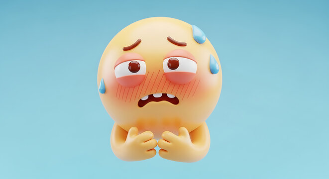 A cute 3D rendered yellow emoji character depicting intense anxiety and stress, with sweat drops, flushed cheeks, and a worried expression, symbolizing apprehension and discomfort