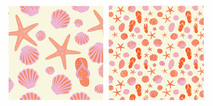Seashell starfish and flip flop pattern on a pale yellow background