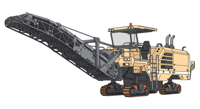 Cold milling machine for asphalt road repair and recycling isolated on white background with detailed industrial design elements.