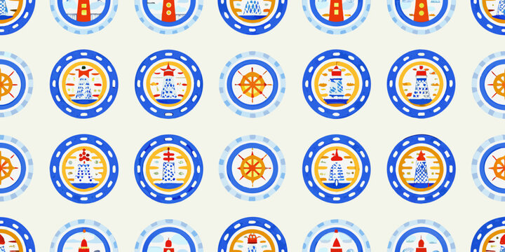 Nautical themed pattern with lighthouse and ship wheel emblems