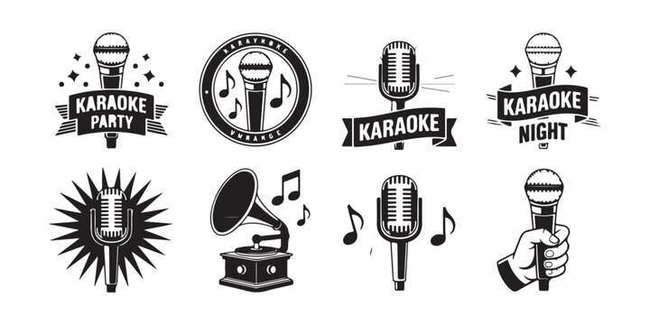 Retro Karaoke Night Badge and Microphone Icon Set