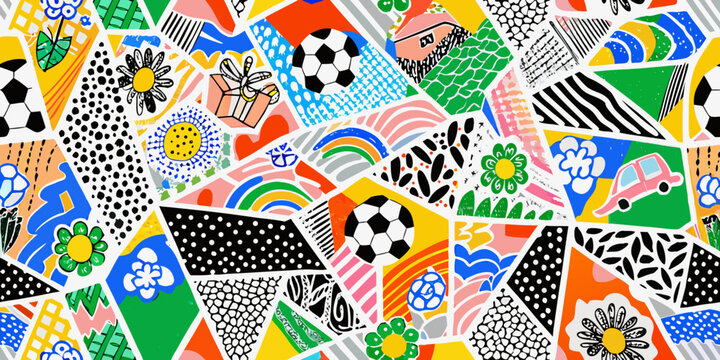 colorful collage pattern with diverse thematic elements