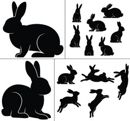 Rabbit silhouettes sitting running leaping hopping crouching vector art wildlife illustration animal posture design cute bunny movement graphic collection © MOSTSHAHANAJ