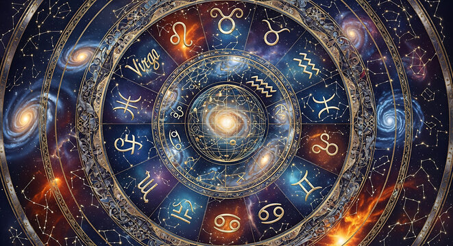 Astrological zodiac wheel with constellations and galaxies, representing celestial navigation and destiny