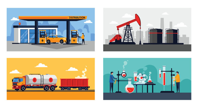 Infographic set showing a gas station oil rig fuel transport truck and laboratory research for the energy industry.