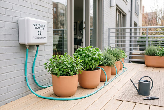 A greywater diverter is installed on a balcony wall. Several pots with herbs are lined up along the edge. Watering can is placed nearby on the wooden deck.