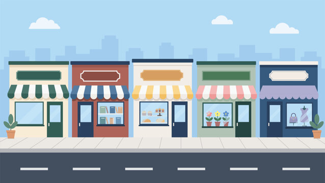 Street view with small shops and stores facade, flat vector illustration