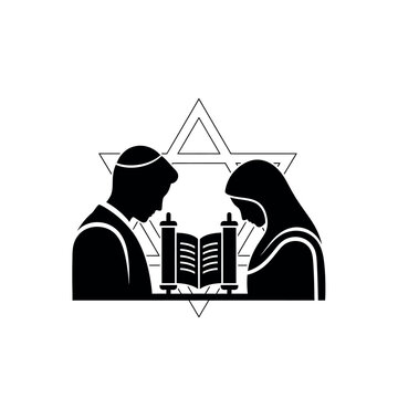 Jewish couple reading Torah under Star of David.