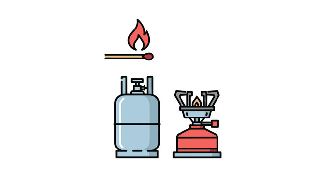 Camping equipment set featuring a portable gas stove, a propane cylinder, and a lit matchstick for outdoor cooking.