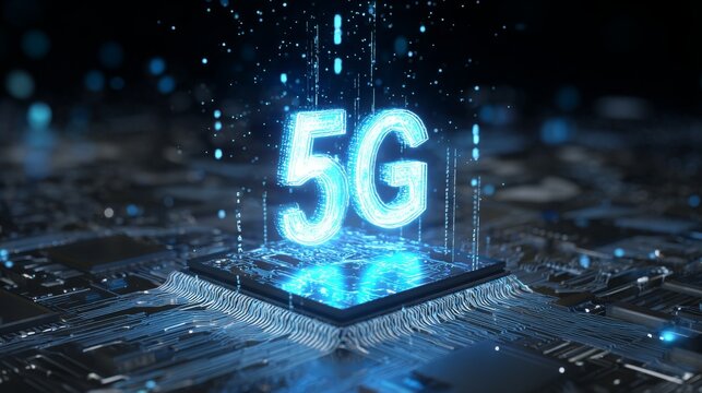 Glowing 5G icon on digital circuit board with floating binary code and tech particles representing telecommunications network technology connectivity innovation and communication systems