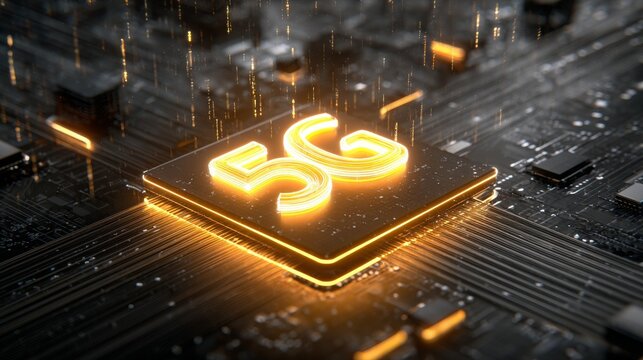 Glowing 5G icon on digital circuit board with floating binary code and tech particles representing telecommunications network technology connectivity innovation and communication systems