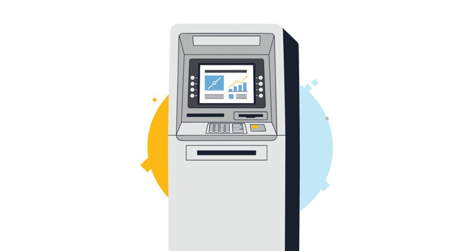 Modern automated teller machine or ATM with a screen displaying financial growth charts and a keypad for transactions.