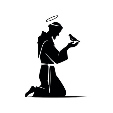 Silhouette of Saint Francis of Assisi kneeling with a bird on his hand.