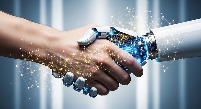 Human hand shaking robotic hand with sparks