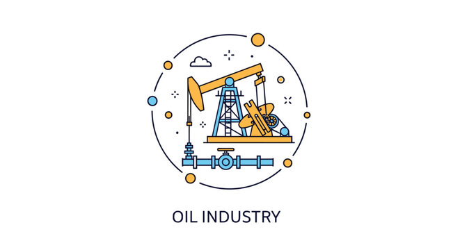 Circular emblem for the oil industry featuring an oil pump jack, pipelines, and various mechanical gear elements.