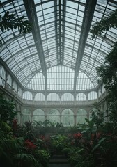 Obraz premium Intricate historic ironwork structure supporting a large glasshouse roof, sheltering vibrant tropical flora and exotic plants in a misty environment, vintage, humid, botanical