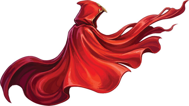 Mysterious person wearing a long red hooded cloak flowing in the wind